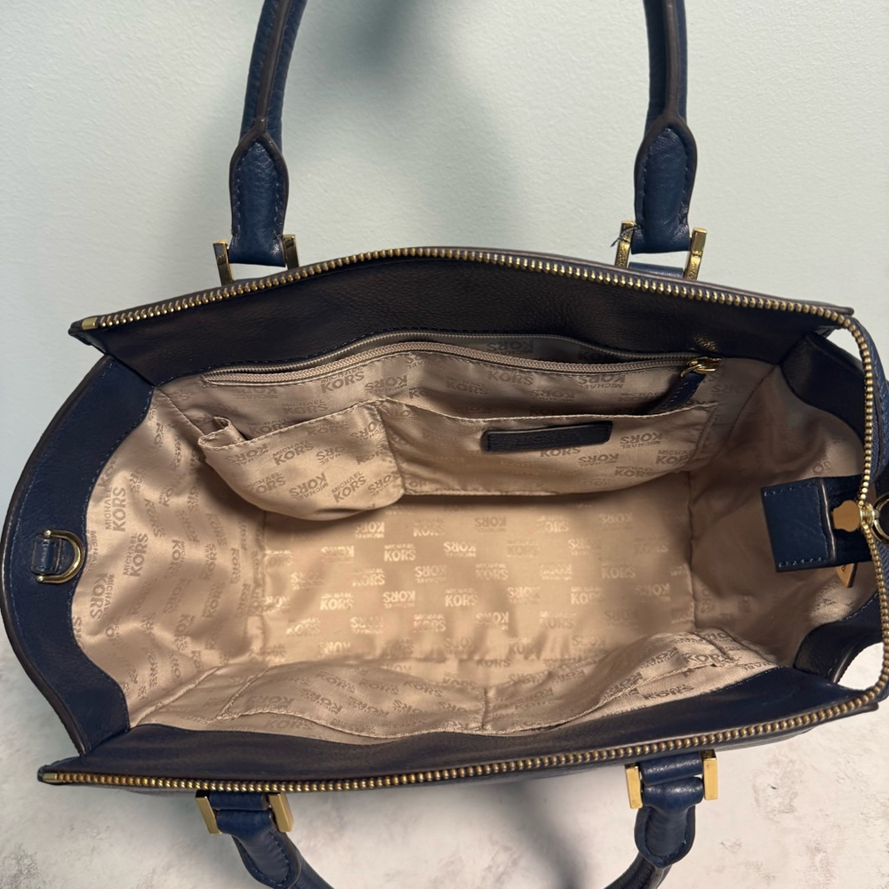 Women's Michael Kors Leather Large Hudson Satchel Tote Navy Blue Gold Logo - Picture 7 of 16